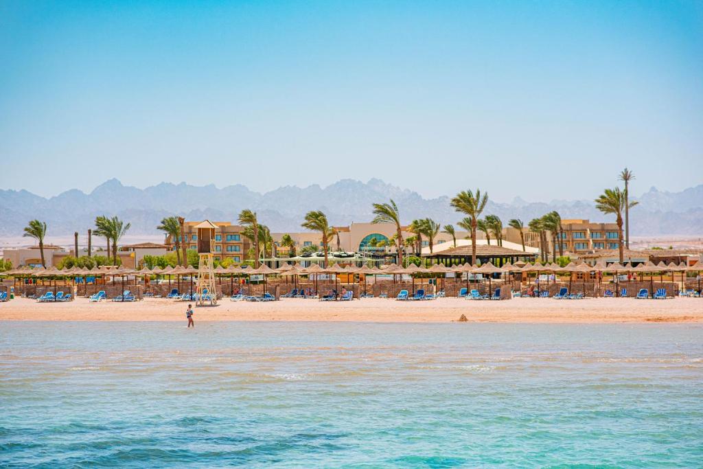 a beach with a resort and a person in the water at Movenpick Waterpark Resort & Spa Soma Bay in Hurghada