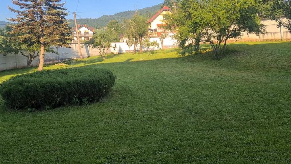 a yard with a green lawn with trees and a house at Kuća za odmor Niki in Pale