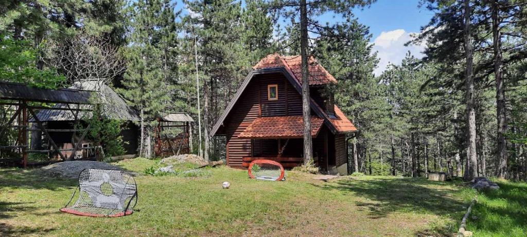 uma pequena cabana de madeira no meio de um quintal em Vila Tarska oblica em Bajina Bašta