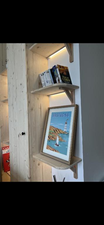 a book shelf with a picture and books on it at Bienvenue chez Tom in Lamballe