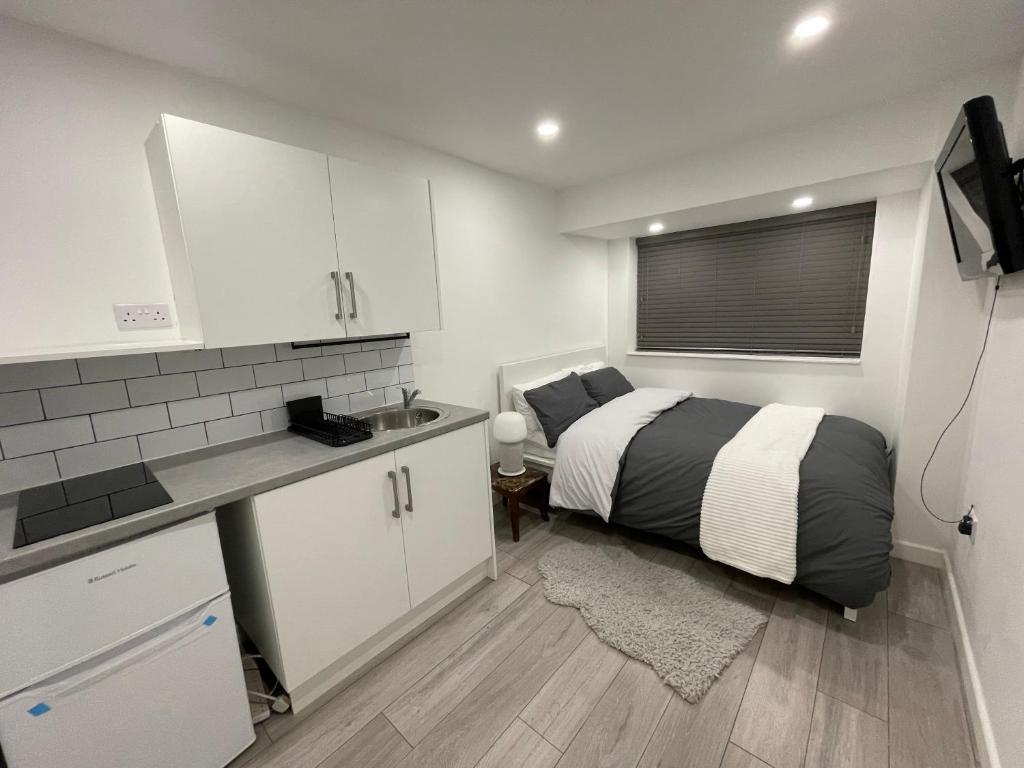 a bedroom with a bed and a kitchen with a sink at Guest Room-Studio, Woolwich in Woolwich