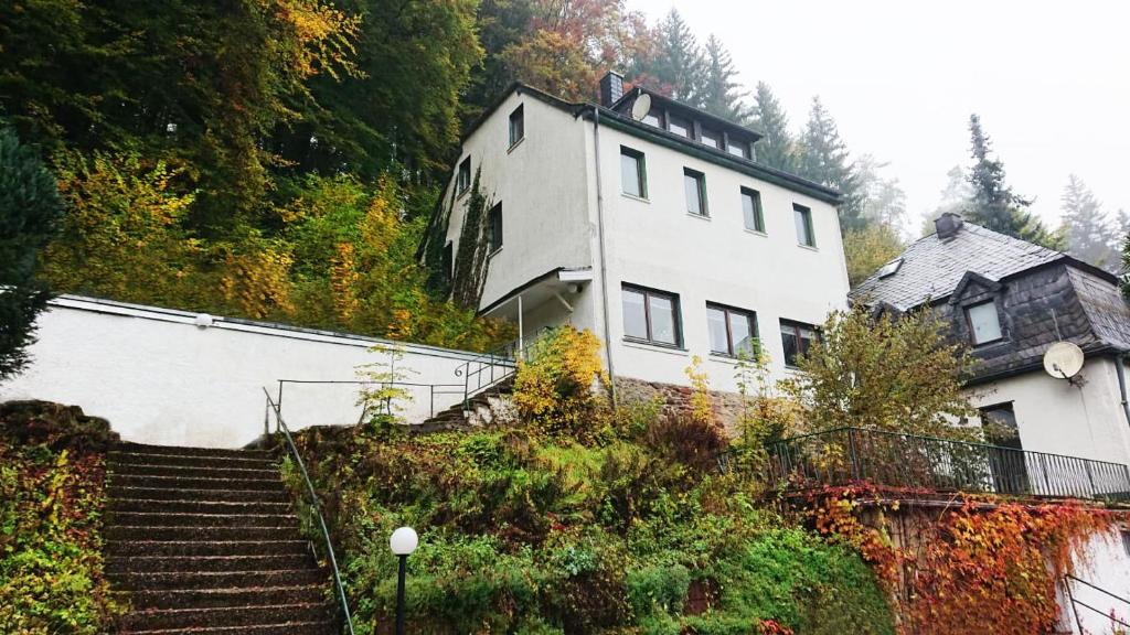 uma grande casa branca no lado de uma colina em Ferienwohnung Haus Schöneck em Schönecken