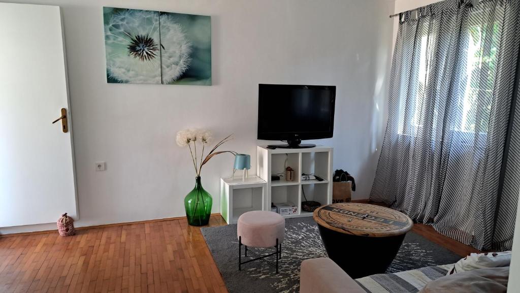 een woonkamer met een tv en een vaas met bloemen bij Kuća za odmor Mizi in Vintijan