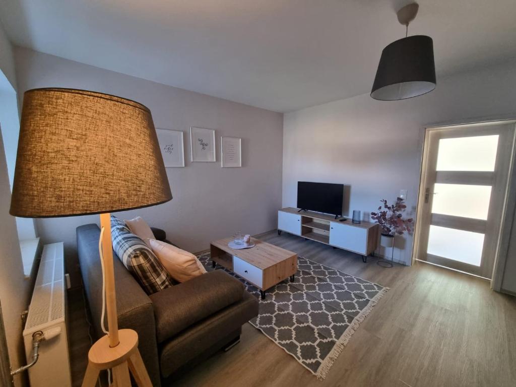 a living room with a couch and a lamp at Modern eingerichtet-stadtnah-Ferienwohnung mit Geschirrspüler und Waschmaschine in Friedland