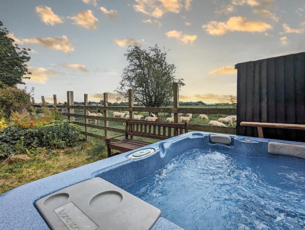 a hot tub in a field with sheep in a fence at The Gilpin Farmhouse, Lake District Getaway in Levens