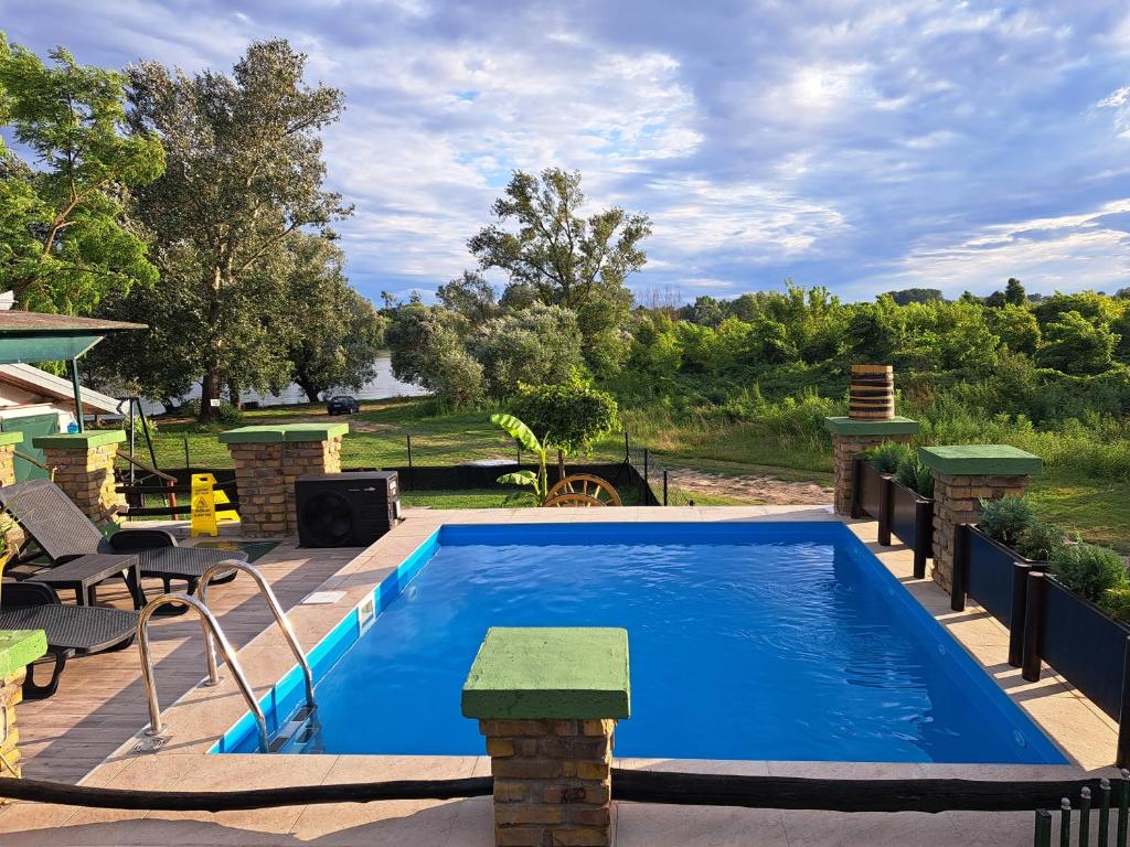 een zwembad in een achtertuin met een tafel en stoelen bij Vila Sava in Jarak