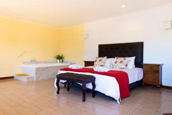 a bedroom with a large bed and a desk at Hotel San Carlos in San Antonio de Areco