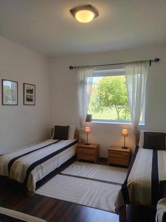 a bedroom with two beds and a window at Bíbor-lak ökoszálláshely in Pannonhalma