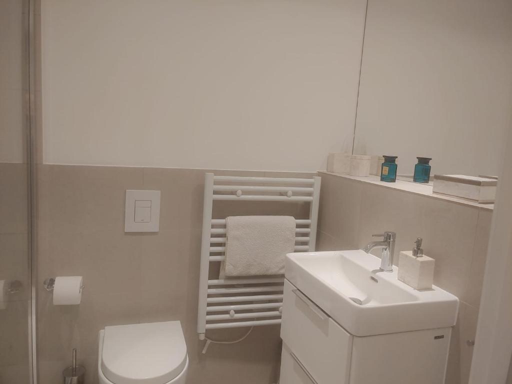 a white bathroom with a toilet and a sink at Luxurious duplex design-flat Kensington in London