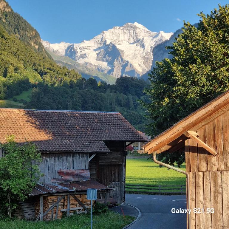 a barn with a snow covered mountain in the background at Mountain - Lake Apartment 3 in Wilderswil