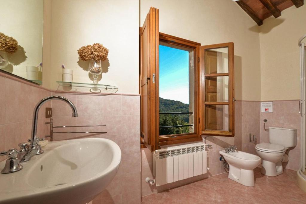 une salle de bain avec un lavabo et des toilettes et une fenêtre dans l'établissement Villa Casale Di Rosa, à Lucques
