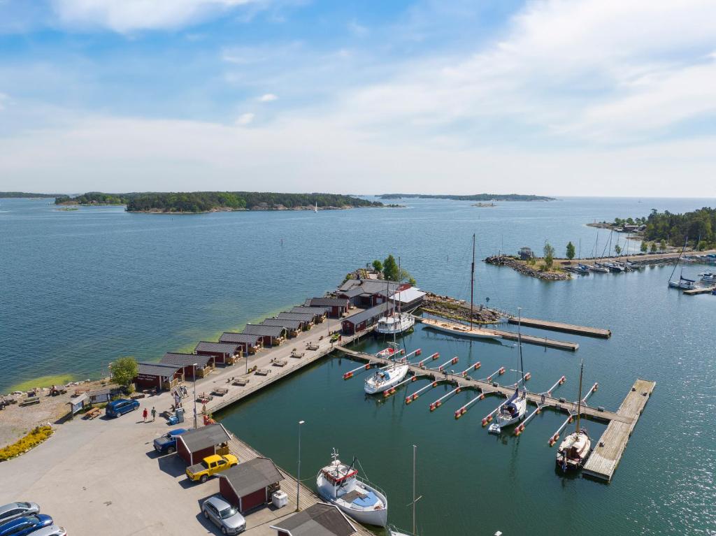 an aerial view of a marina with boats in the water at Femöre Marina in Oxelösund