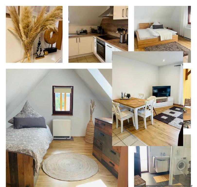 un collage de fotos de una cocina y un dormitorio en Maisonette Wohnung Sophie mit Balkon und Terrasse en Weikersheim