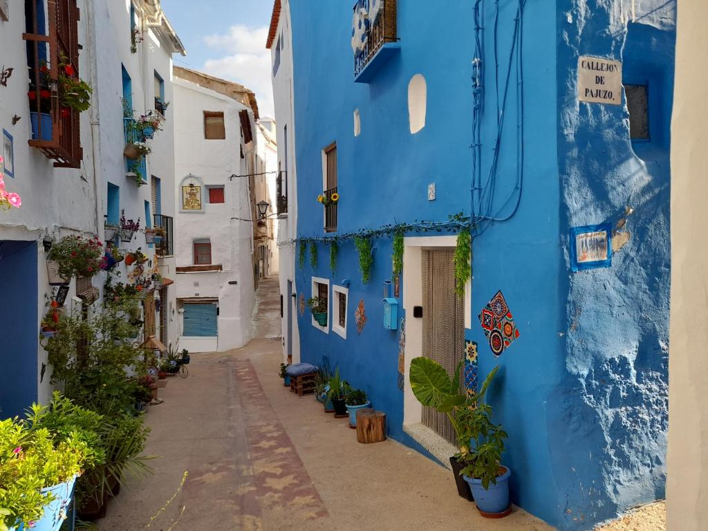 un callejón con edificios azules y blancos y macetas en LA CASA AZUL, en Chelva