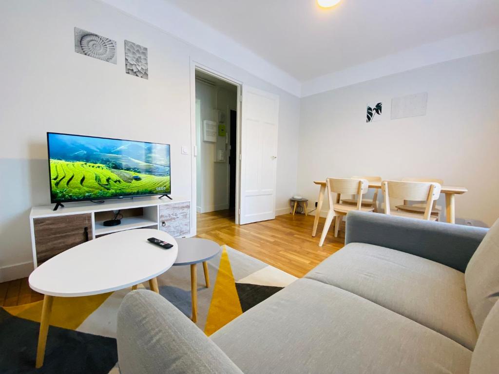 a living room with a couch and a tv at Cozy Appart' 2 Centre ville proche gare Massy - Cozy Houses in Massy