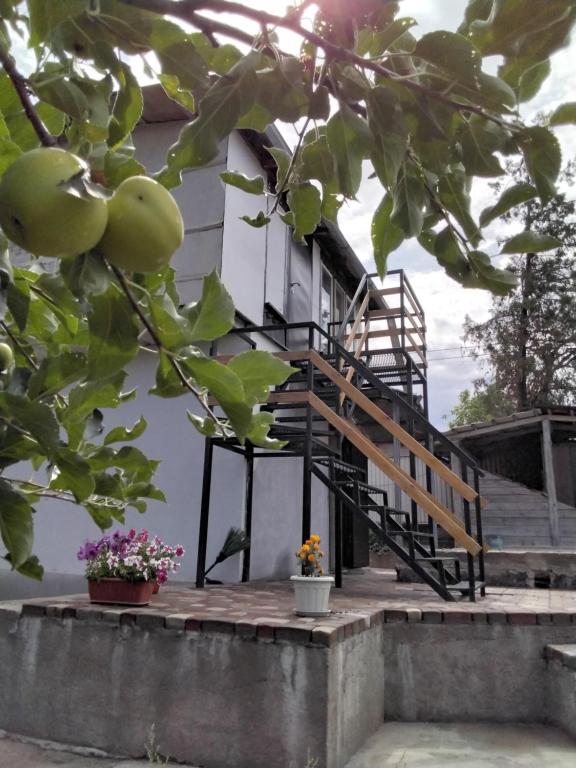 ein Haus mit einer Treppe neben einem Gebäude in der Unterkunft Уютный ночлег Иссыкские курганы in Rakhat
