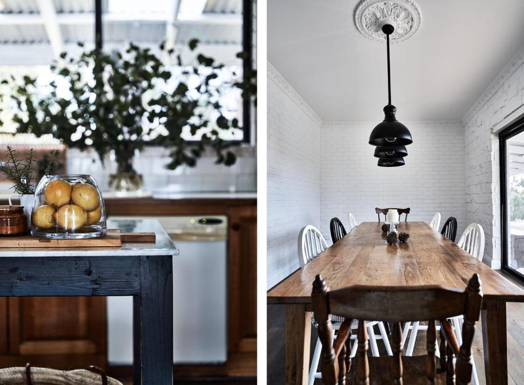 een keuken en een eetkamer met een tafel met een fruitschaal bij Vermont House - Daylesford Macedon Region in Elphinstone