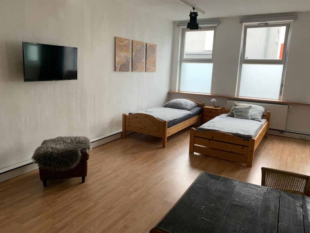 sala de estar con 2 camas y TV de pantalla plana en 40 qm große Studiowohnung zentral gelegen in Groß-Umstadt, en Gross-Umstadt
