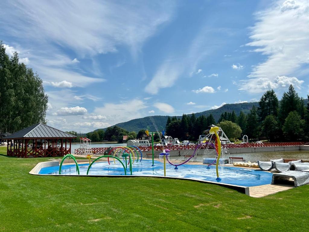 een zwembad met een glijbaan in een park bij BosaRosa - domki nad zalewem in Radków
