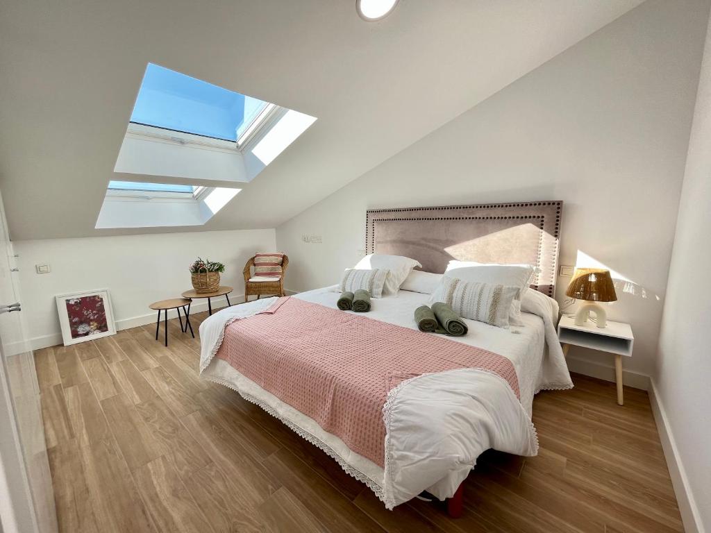 a bedroom with a large bed with a skylight at CARIATIDES SKY APARTMENT in Zamora