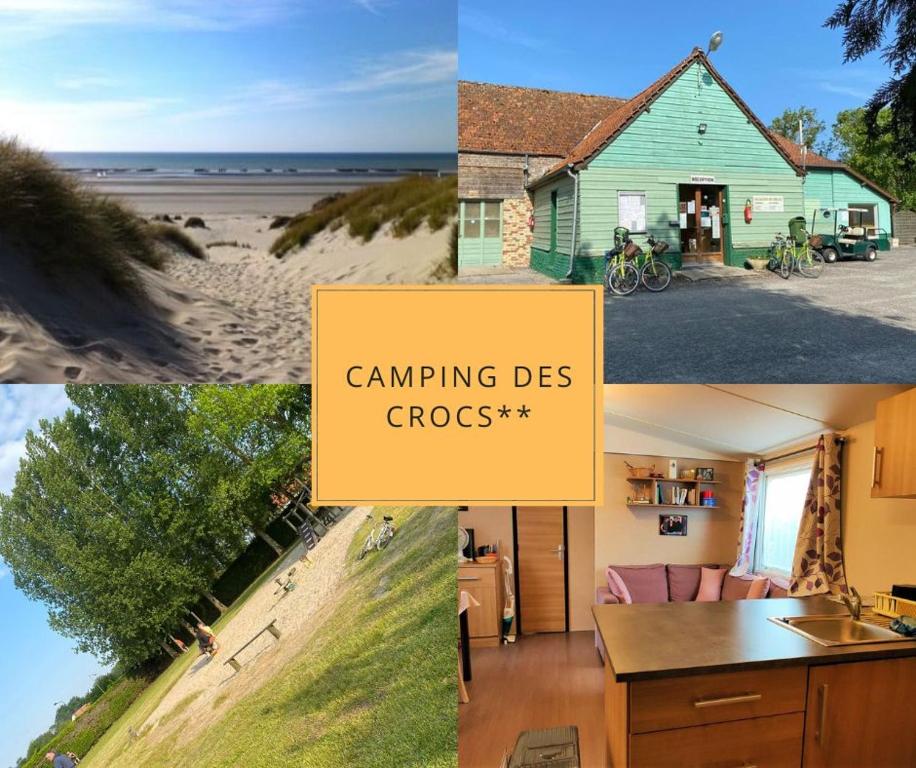 un collage de fotos de una casa y una playa en camping des crocs en Saint-Quentin-en-Tourmont