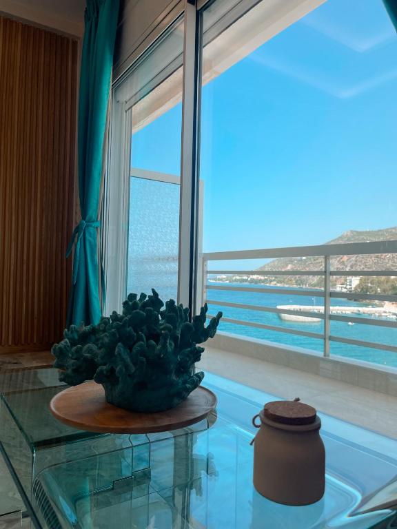 a plant sitting on a glass table in front of a window at AGORA luxury APARTMENT 8 in Loutraki
