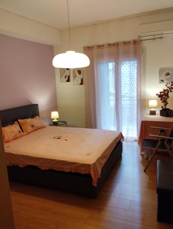una camera con un grande letto e una grande finestra di Vasia's cosy apartment in Athens, "Pedion tou Areos", close to center ad Atene