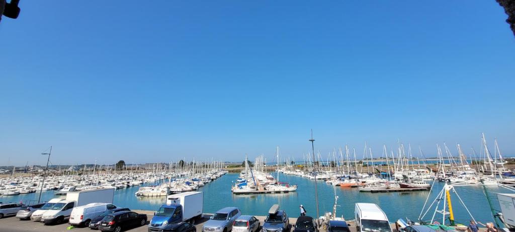 a bunch of boats parked in a marina at Gîte la rose des vents N 1 in Saint-Vaast-la-Hougue