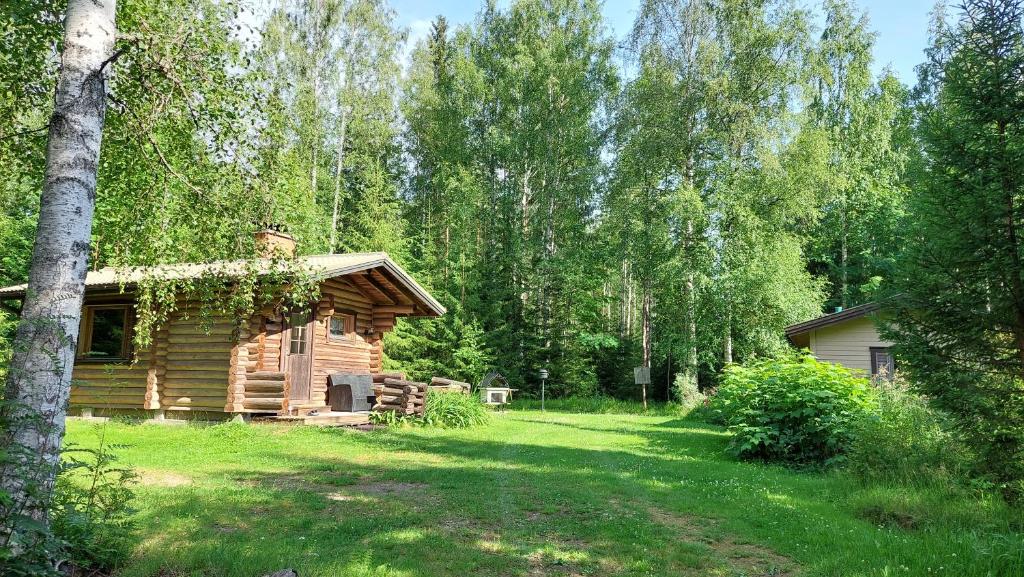 a log cabin in the middle of a yard at Koivula Fish Cottage in Savonlinna