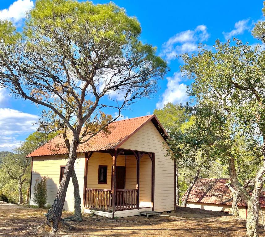 ein kleines Haus mit einer Veranda und einem Baum in der Unterkunft Camping TurisMar in Tossa de Mar