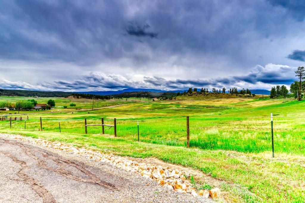 a field with a fence and a dirt road at 1247 County Road 200 in Pagosa Springs