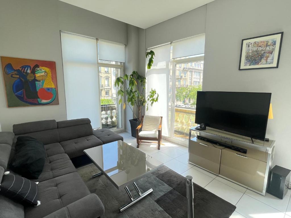 a living room with a couch and a flat screen tv at Vivez en appartement en centre-ville - Hotel de ville - 1 ch in Le Havre