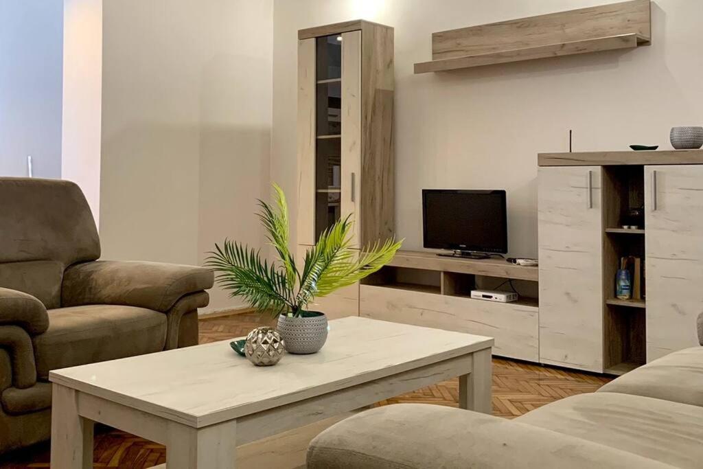 een woonkamer met een salontafel en een televisie bij Central City Apartment in Skopje