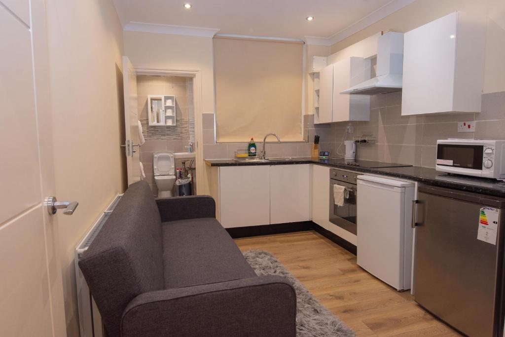 a small kitchen with a couch and a microwave at Evergreen Apartments- Flat 1, London in London