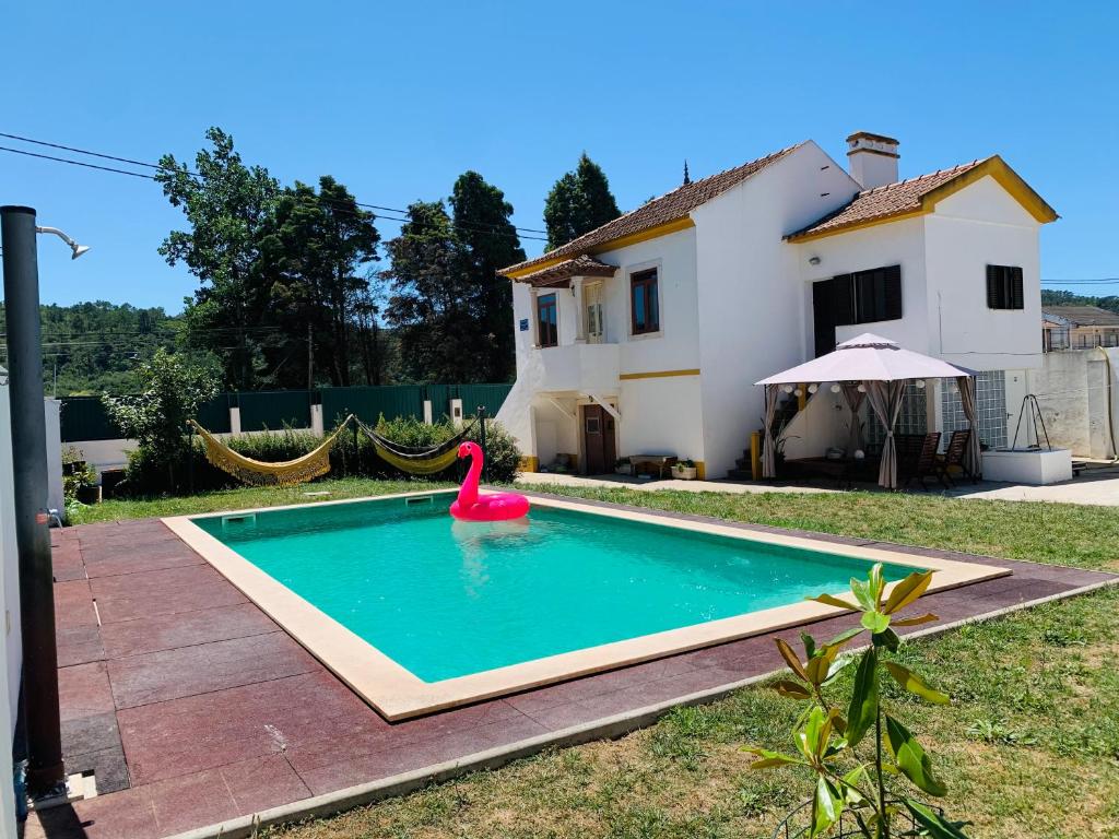 una piscina con un cisne rosa en el patio trasero en Bam’s Farm, en Alcobaça