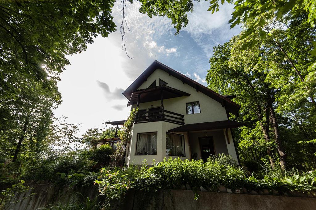 uma pequena casa branca no meio das árvores em Casa Mariei - Vila Breaza em Nistoreşti