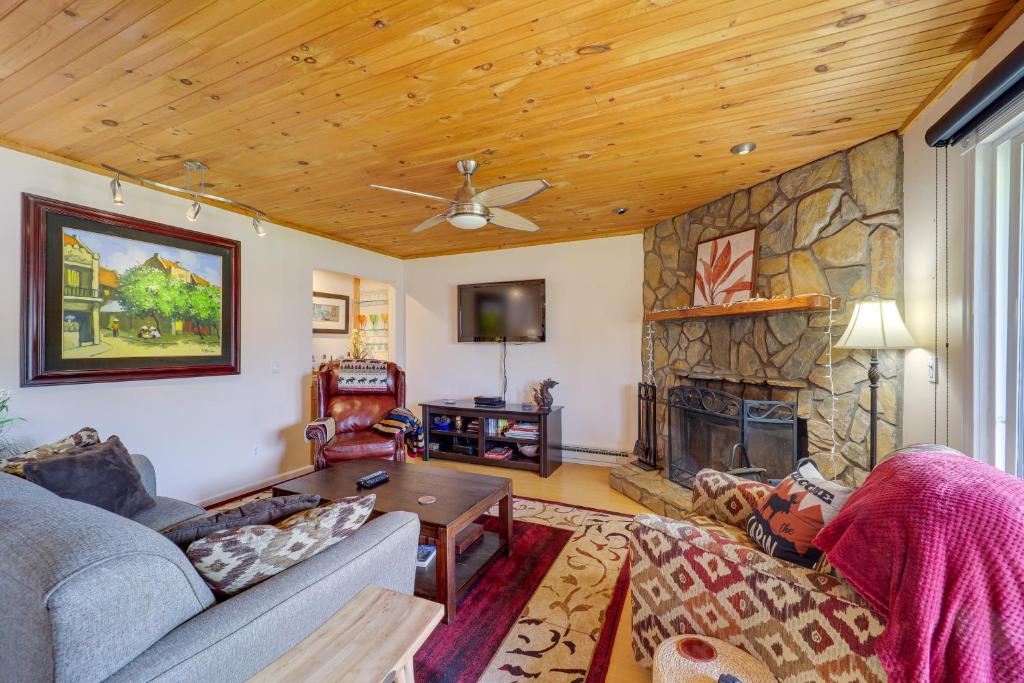 sala de estar con sofá y chimenea de piedra en Beech Mountain Vacation Rental - Hike, Bike and Ski!, en Beech Mountain
