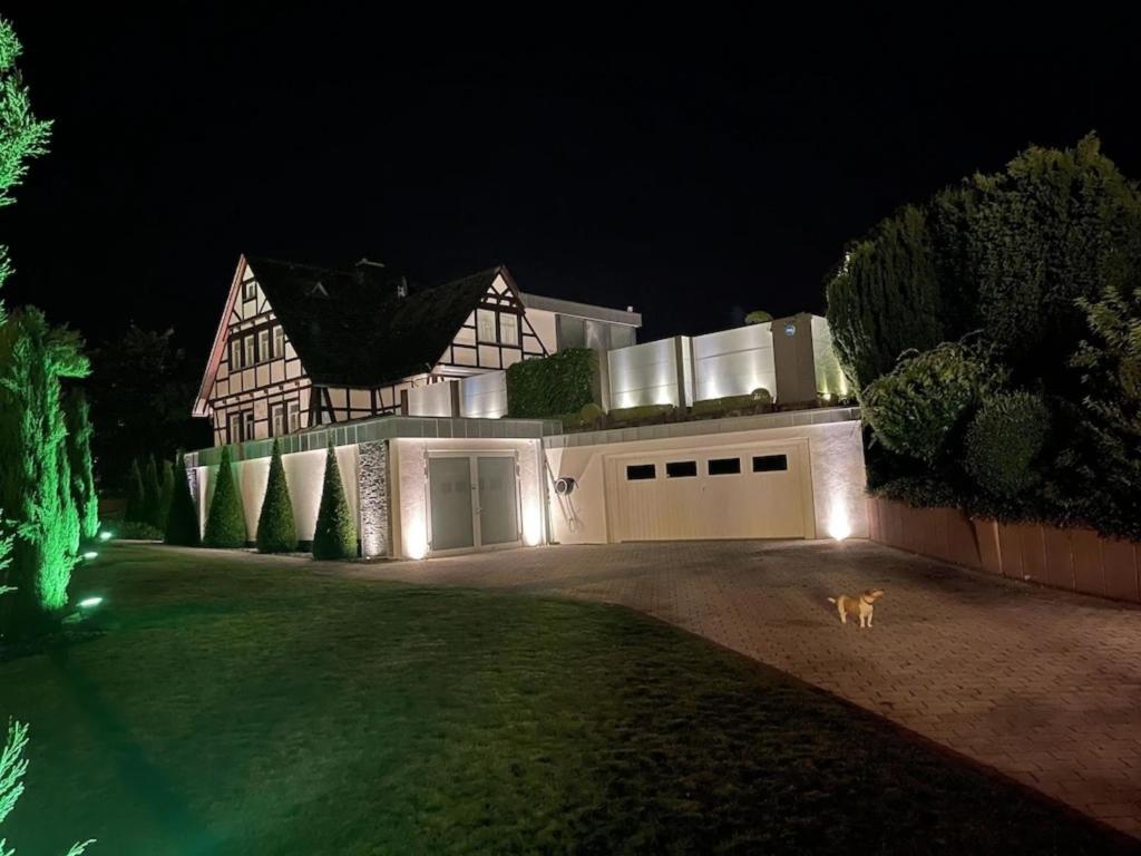 a house at night with a dog in front of it at Event-Ferienwohnung in Kastellaun