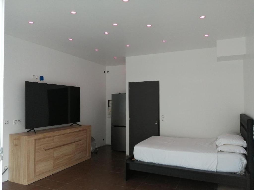 een slaapkamer met een bed en een flatscreen-tv bij LoVe 3 in Cap d'Agde