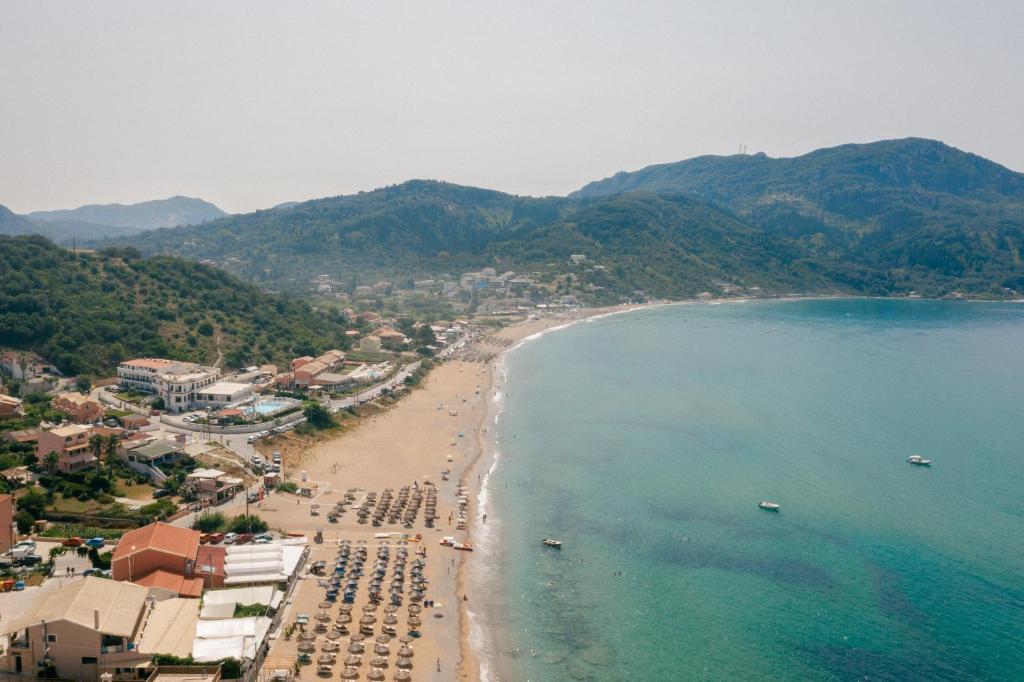 an aerial view of a beach and the ocean at Delfini Resort in Agios Georgios Pagon