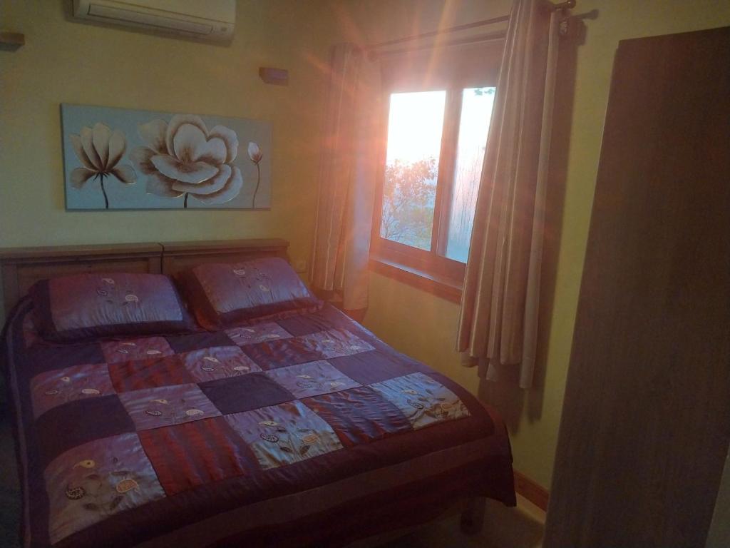 a bedroom with a bed and a window at בקתות קסם חרמון in Nimrod