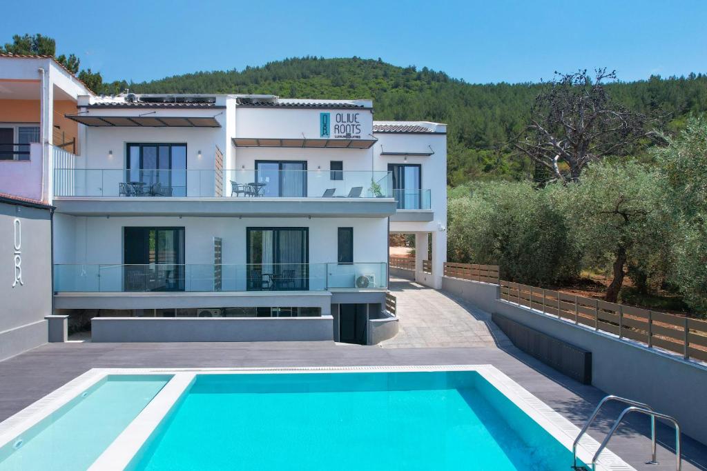 uma villa com uma piscina e uma casa em Olive Roots em Skala Rachoniou