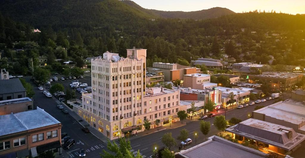 an aerial view of a city with a large building at Ashland Springs Hotel in Ashland
