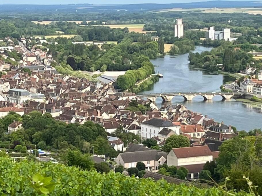 vista su una città con un fiume e un ponte di (Wifi +Netflix)JOIGNY Au coeur de quartier historique a Joigny