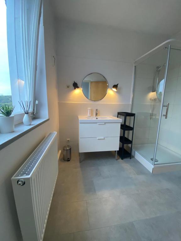a bathroom with a sink and a mirror and a shower at Bluestone Appartements - 23qm free and near parking in Blaustein