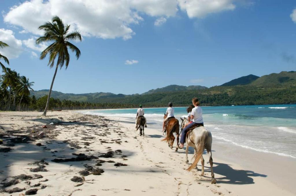 a group of people riding horses on the beach at Cozy Condo in Costambar Beach in San Felipe de Puerto Plata