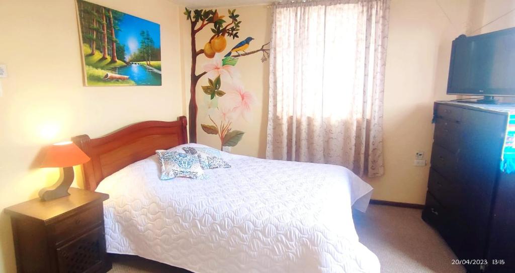 Postel nebo postele na pokoji v ubytování ITCHIMBIA GARDEN con la mejor vista de Quito y SPA