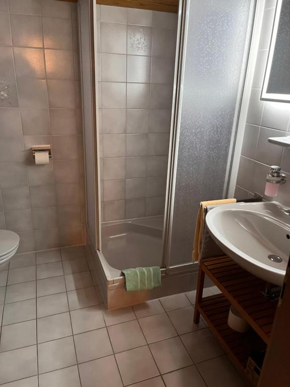 łazienka z prysznicem i umywalką w obiekcie Landhaus Bichlbach w mieście Bichlbach