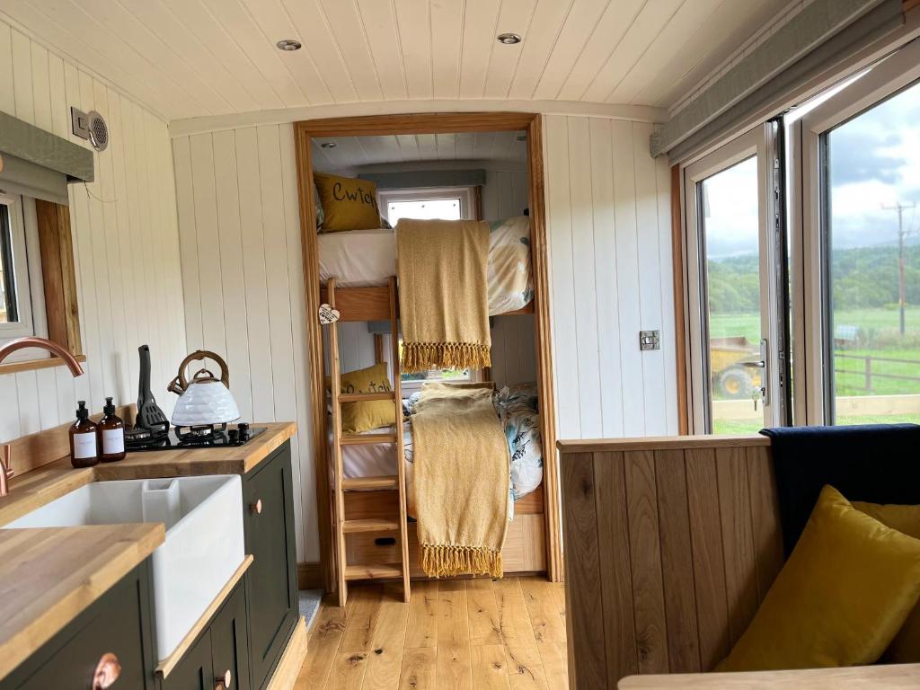 uma pequena casa com uma cozinha e um lavatório em Cwtch Cader Shepherds Hut em Llanelltyd