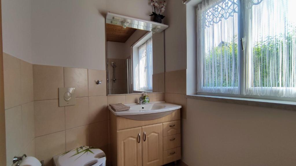 ein Bad mit einem Waschbecken, einem Fenster und einem WC in der Unterkunft Hausambalaton in Balatonakali